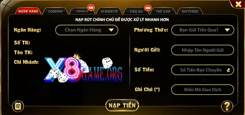 Nạp tiền tại X8